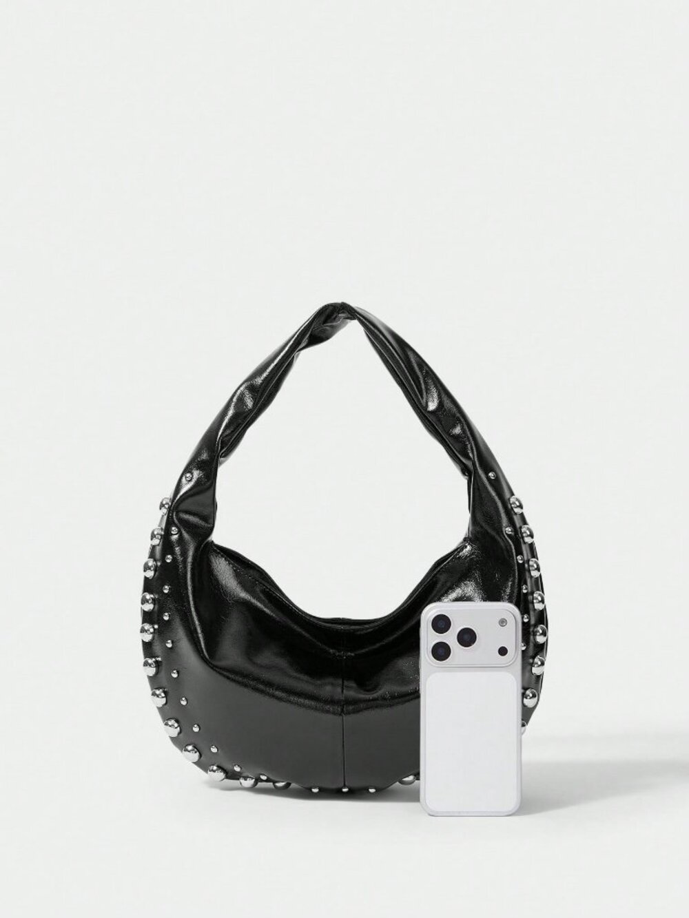 Black faux leather Casual Women's Studded Shoulder Bag - Picture 4 of 9